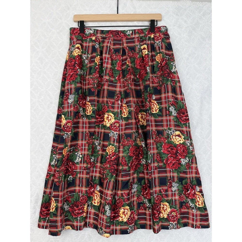Vtg 90s Talbots Midi Skirt 14Petite Plaid Floral Pleated Academia Schoolgirl 80s